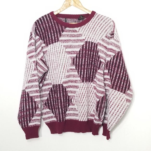 Grandpa Vintage Burgundy Oversized Knitted Geometric Pattern Sweater Retro Med - Picture 1 of 6